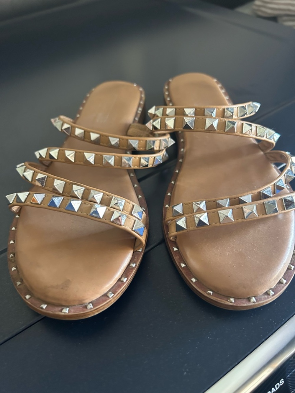 Studded Triple-Strap Tan Leather Slide Sandals - Picture 4 of 5